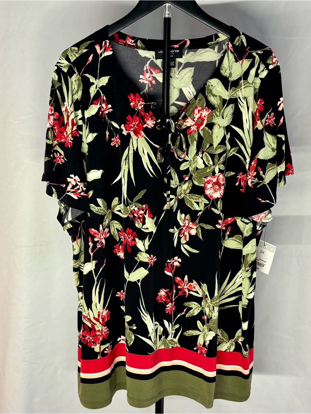 Liz Claiborne Black Floral Tie-Neck Blouse With Tags Plus Size Short Sleeve